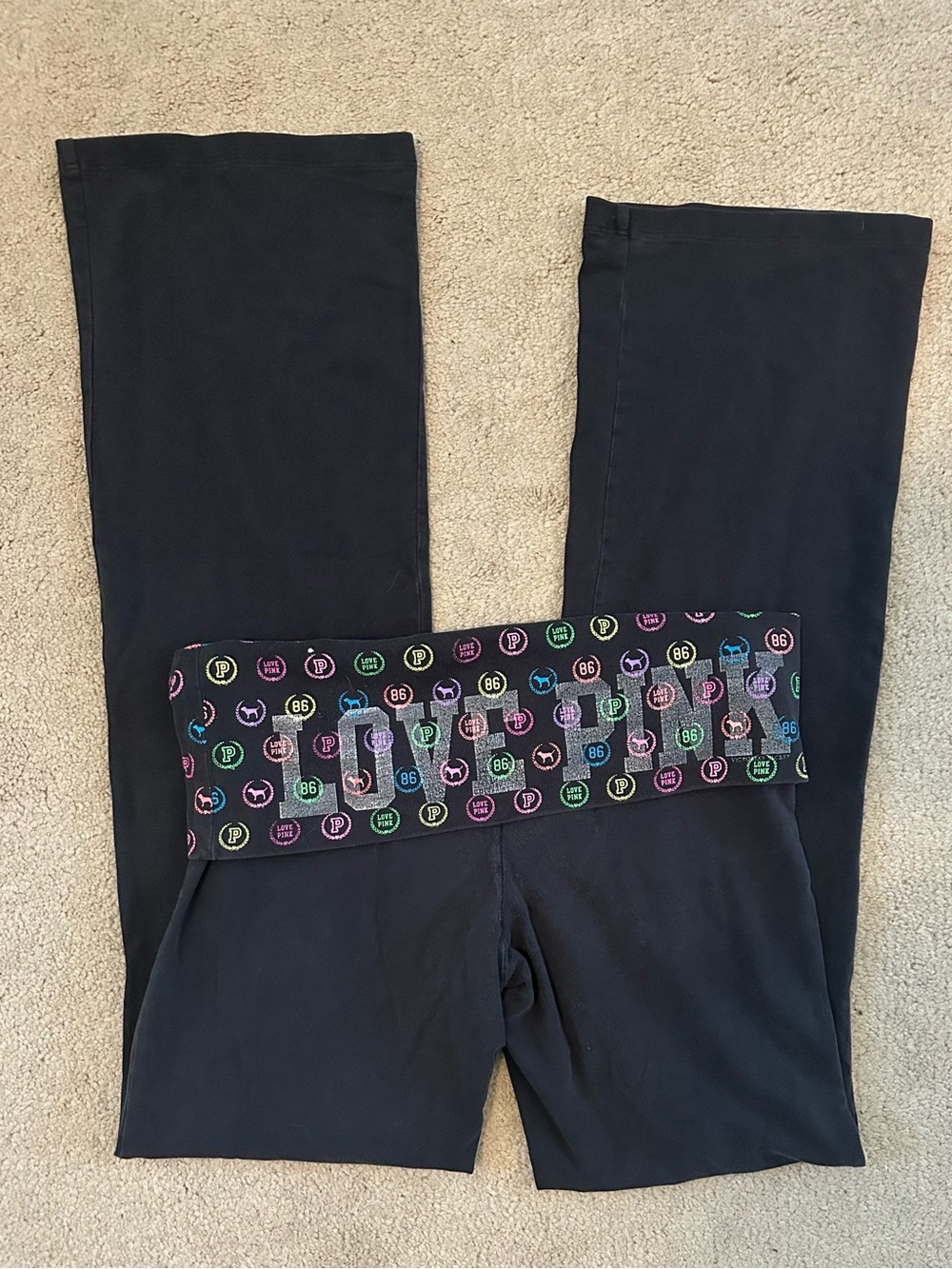 VS Pink Vintage Rainbow Graphics Foldover Flare Leggings M